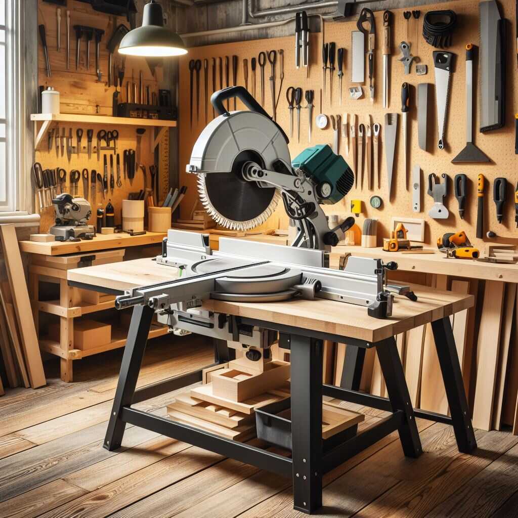 Mitre saw cutting wooden board